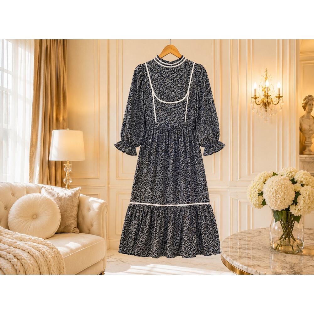Meadows Ditsy Floral Blue Midi Dress NWT Size 4 Lace Trim Prairie Cottagecore